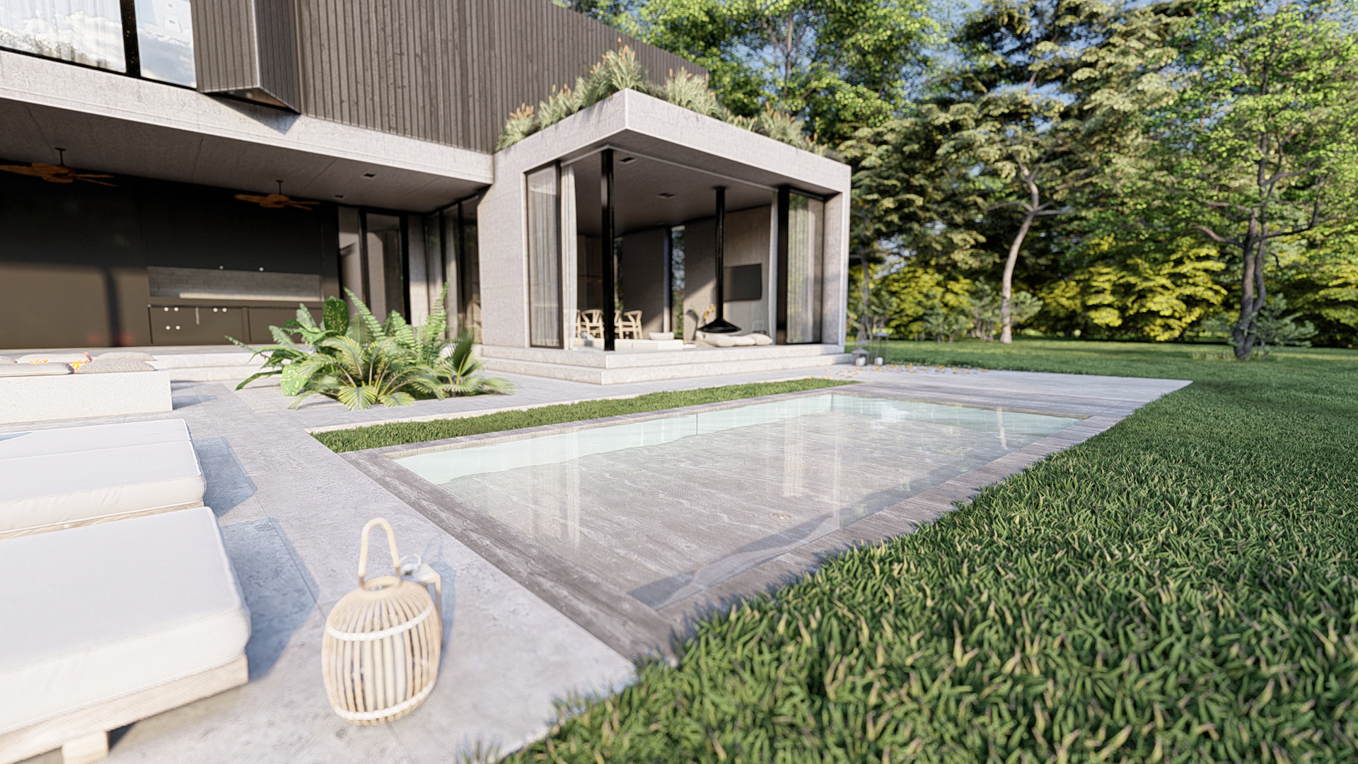 render de piscina con cubierta en casa moderna de diseño